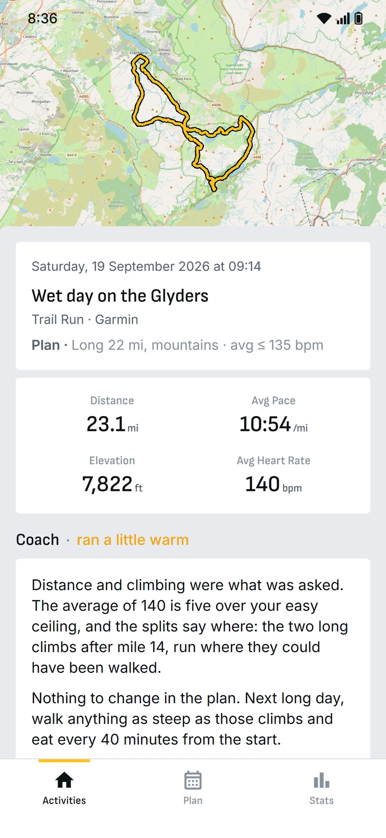 A wet long day on the Glyders: 23.1 miles and 7,822 feet, average heart rate 140, and the coach's note: distance and climbing were right, the effort ran a little warm on the two long climbs, walk them next time and eat every 40 minutes.